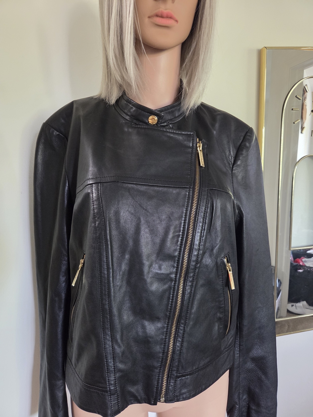 Michael Kors Womens Black Leather Moto Jacket with Gold Hardware Size 16